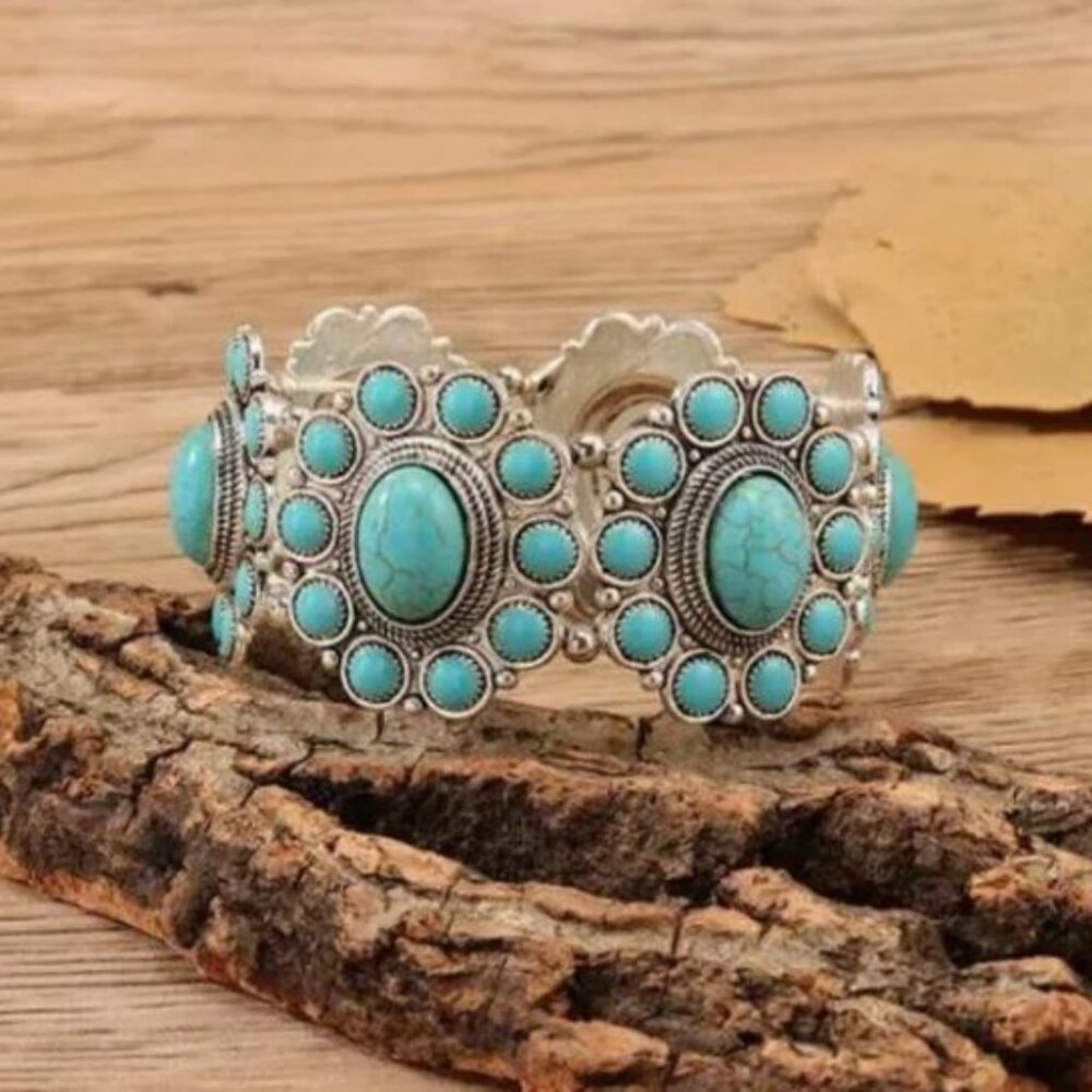 Silver Tone Faux Turquoise Western Stretch Bracelet